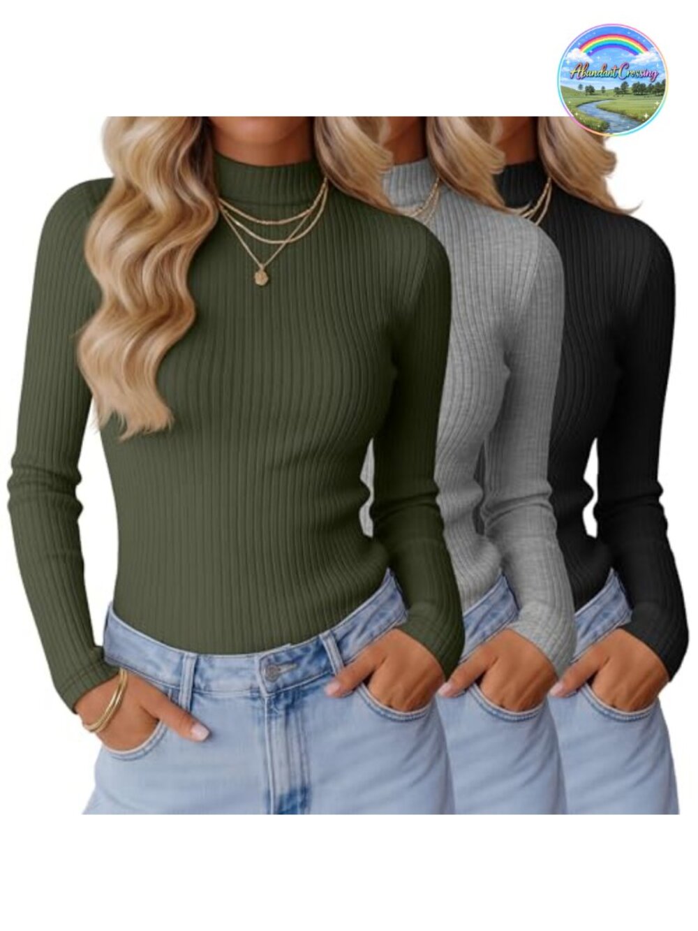 3 Pack Womens Mock Turtleneck Shirts Long Sleeve Ribbed Slim Fit Stretch Knit